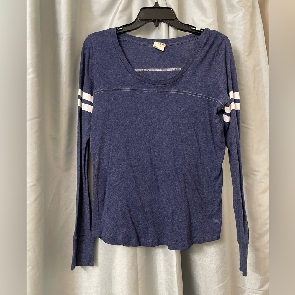 PINK Victoria's Secret Navy Long Sleeve Tee shirt with stripes on sleeves